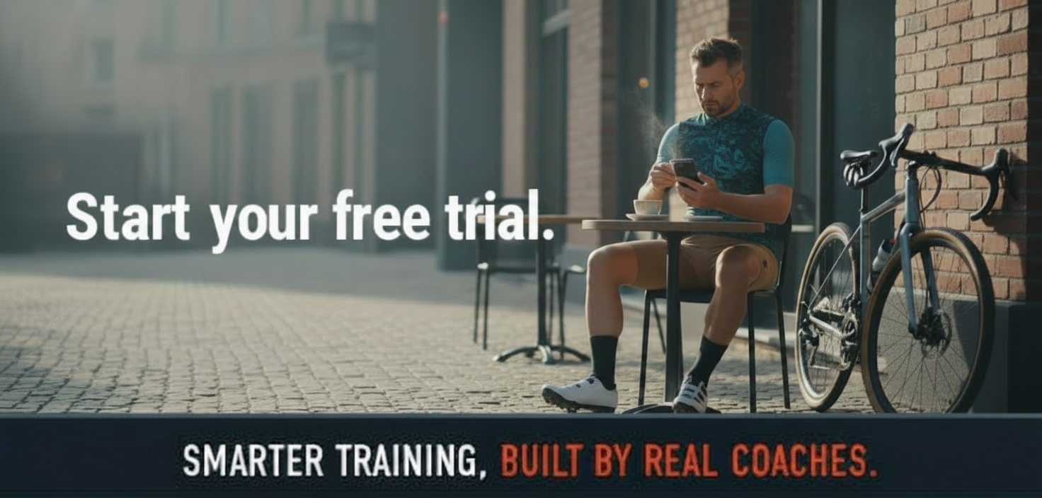 Man on phone at cafe table with bike, "Start your free trial. Smarter training, built by real coaches."