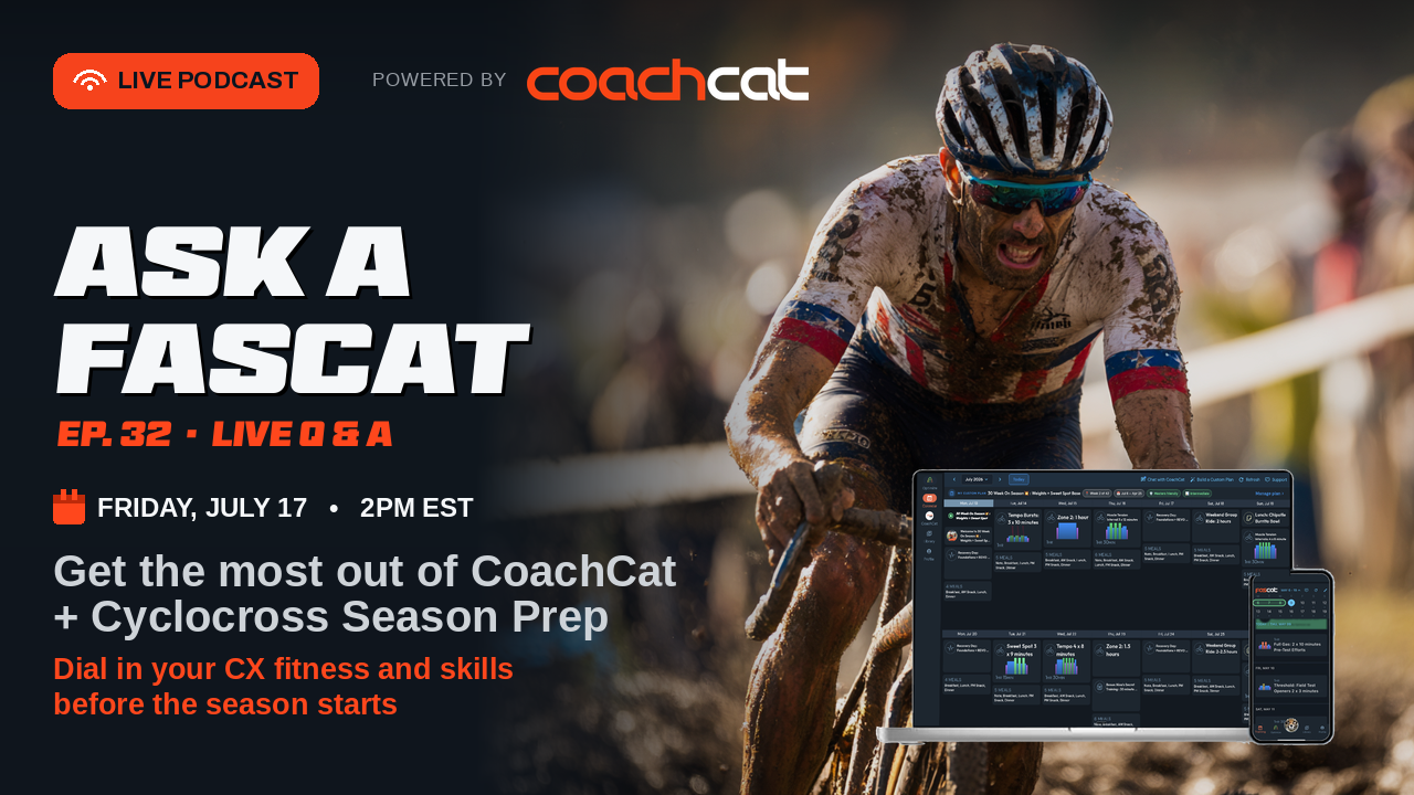 Graphic promoting ask a FastCat 32. Get the most out of CoachCat in cyclocross season prep.  