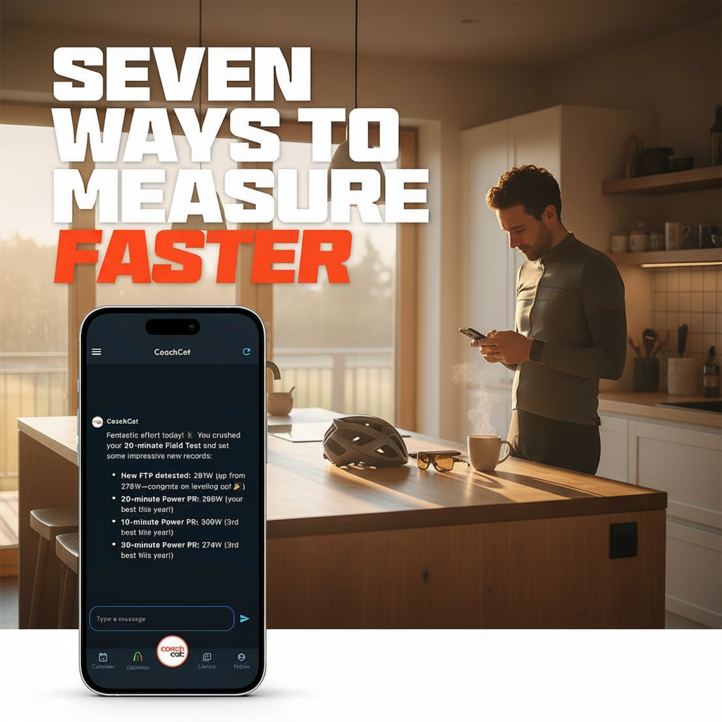 Man in cycling gear checks phone in kitchen, with text overlay "SEVEN WAYS TO MEASURE FASTER".