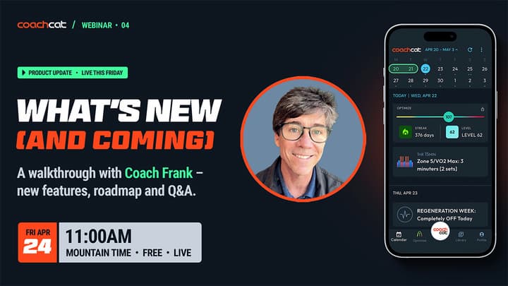 Graphic promoting a live webinar about what's new at CoachCat 