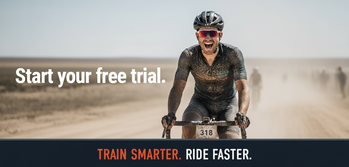 Cyclist in a race shouts with excitement, with text "Start your free trial." and "TRAIN SMARTER. RIDE FASTER."