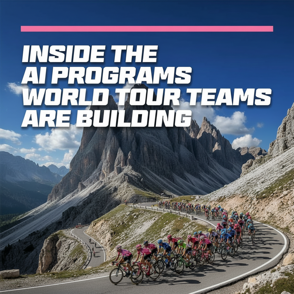 A peloton of cyclists races up a winding mountain road under a bright blue sky.