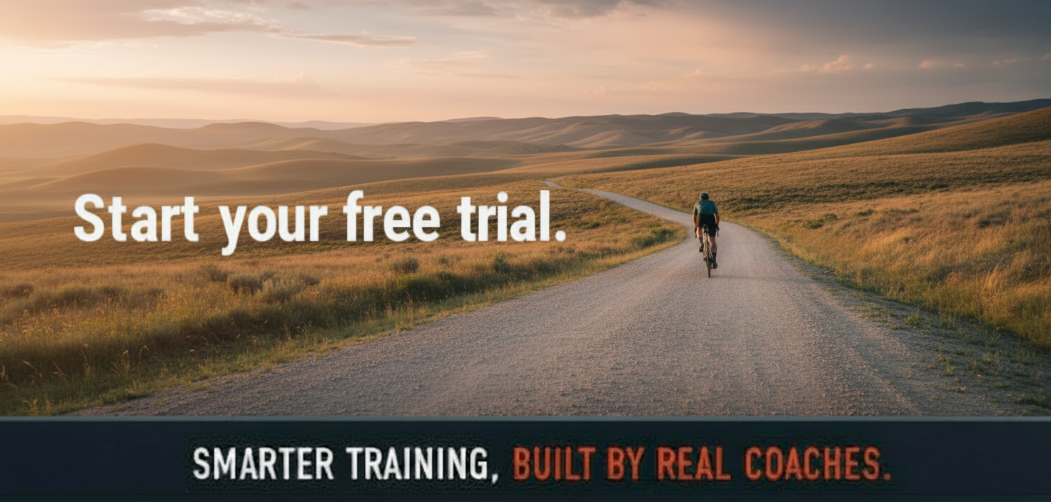 A cyclist on a road with text "Start your free trial." and "Smarter training, built by real coaches."