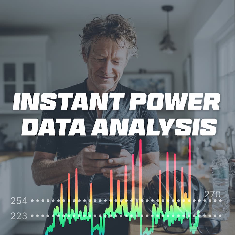Graphic promoting instant power data analysis with the CoachCat app 