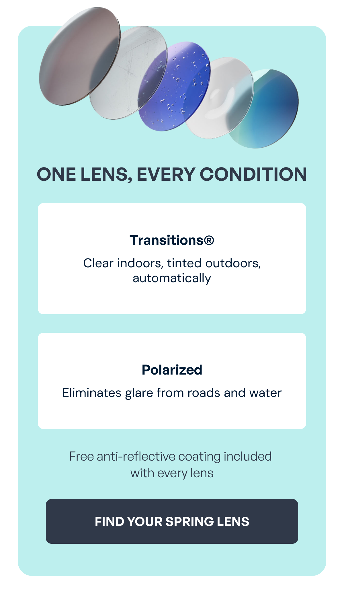 one lens, every condition transitions® clear indoors, tinted outdoors, automatically polarized eliminates glare from roads and water free anti-reflective coating included with every lens find your spring lens