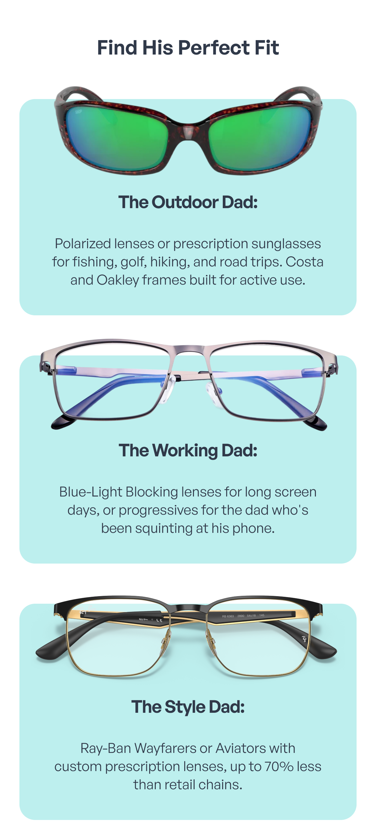 find his perfect fit the outdoor dad: polarized lenses or prescription sunglasses for fishing, golf, hiking, and road trips. costa and oakley frames built for active use. the working dad: blue-light blocking lenses for long screen days, or progressives for the dad who's been squinting at his phone. the style dad: ray-ban wayfarers or aviators with
custom prescription lenses, up to 70% less than retail chains.