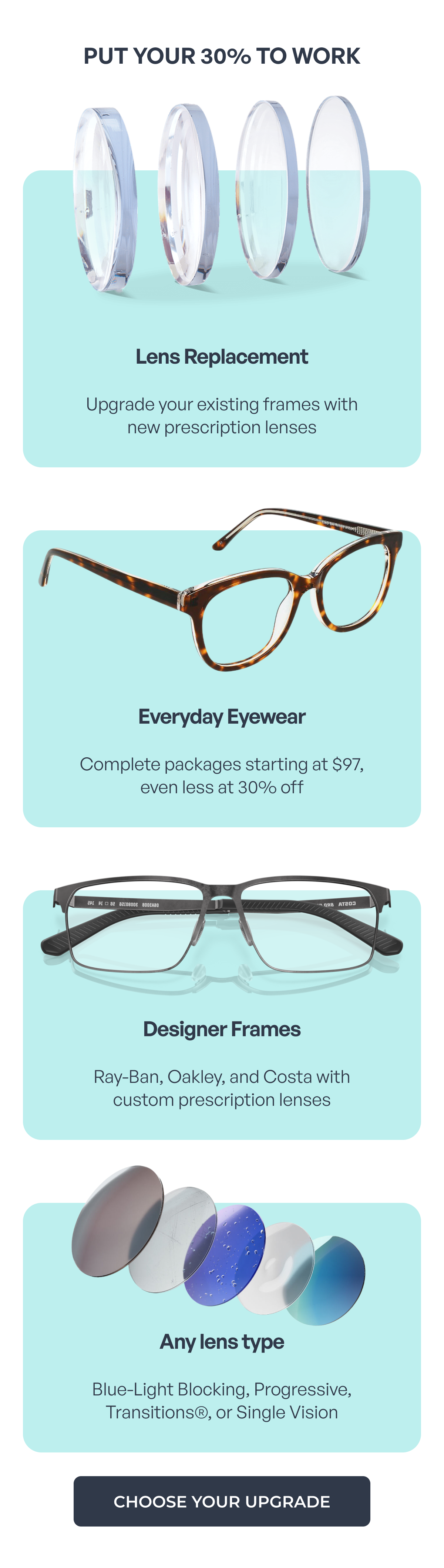 put your 30% to work lens replacement upgrade your existing frames with new prescription lenses everyday eyewear complete packages starting at $97, even less at 30% off designer frames ray-ban, oakley, and costa with custom prescription lenses any lens type blue-light blocking, progressive, transitions®, or single vision choose your upgrade