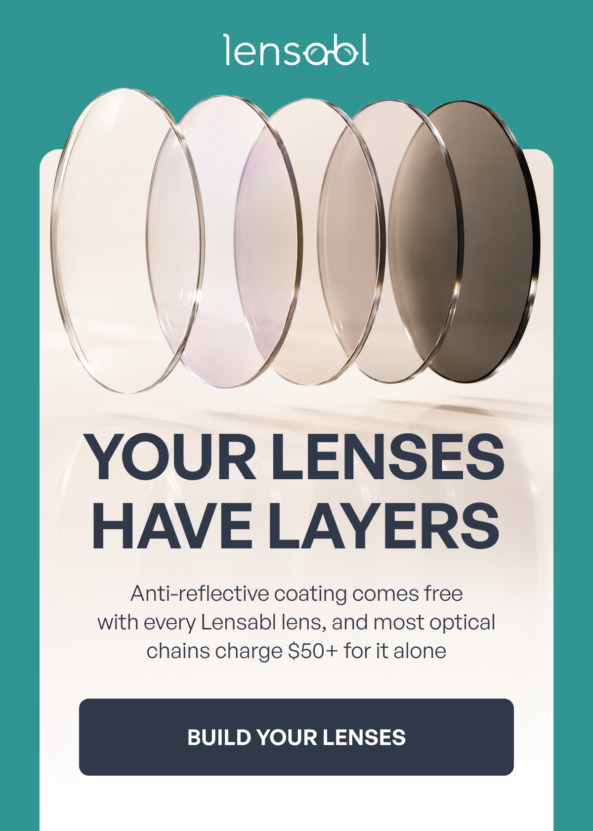 your lenses
have layers anti-reflective coating comes free
with every lensabl lens, and most optical chains charge $50+ for it alone build your lenses