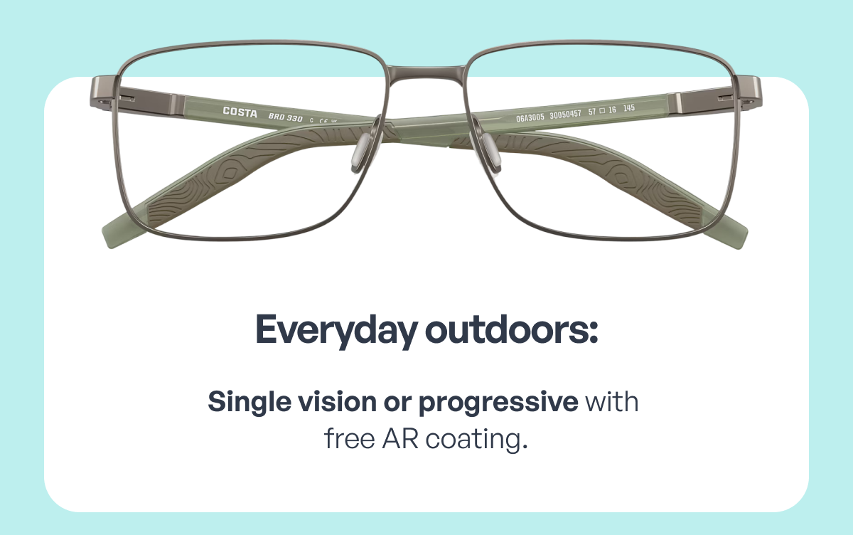 everyday outdoors: single vision or progressive with free ar coating.