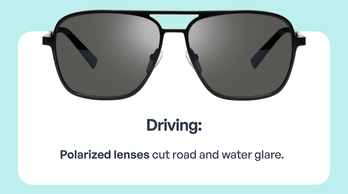 driving: polarized lenses cut road and water glare.