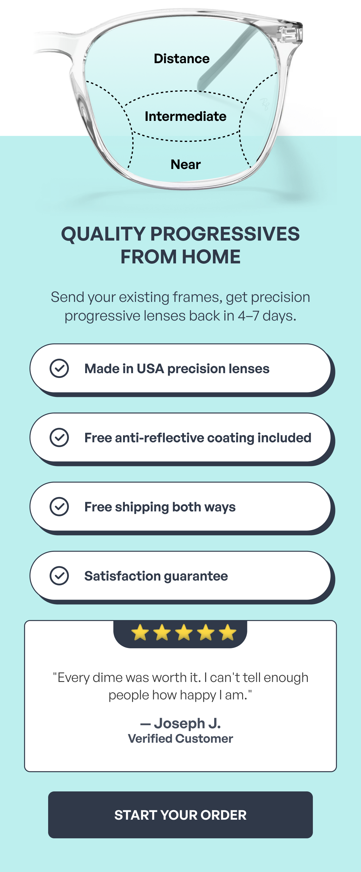 intermediate near distance quality progressives from home send your existing frames, get precision progressive lenses back in 4–7 days. made in usa precision lenses free anti-reflective coating included free shipping both ways satisfaction guarantee start your order ⭐️ ⭐ ️⭐️ ⭐️ ⭐️ "every dime was worth it. i can't tell enough people how happy i am." — joseph j. verified customer