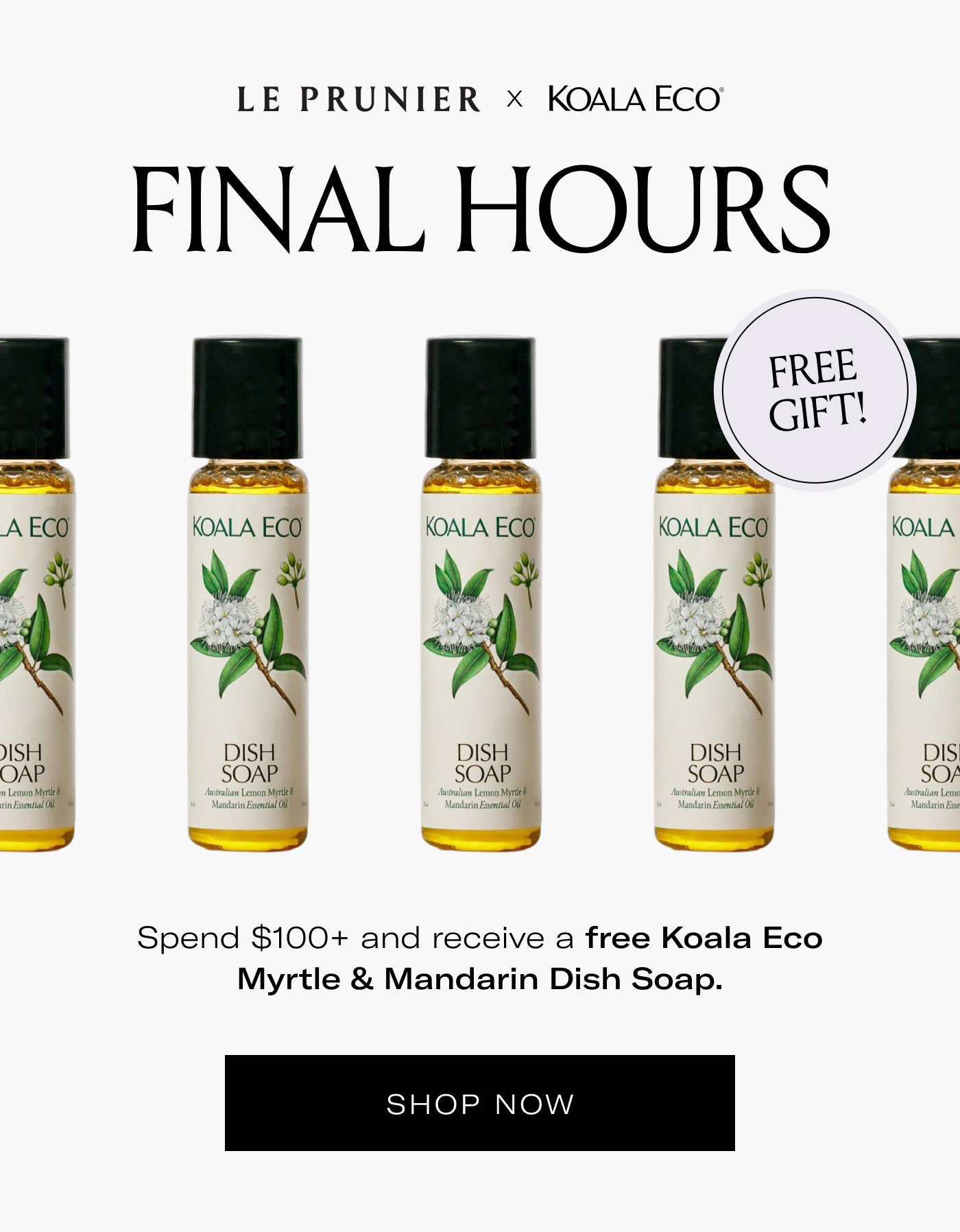 LE PRUNIER × KOALA ECO®  FINAL HOURS  FREE GIFT!  Spend $100+ and receive a free Koala Eco Myrtle & Mandarin Dish Soap.  SHOP NOW