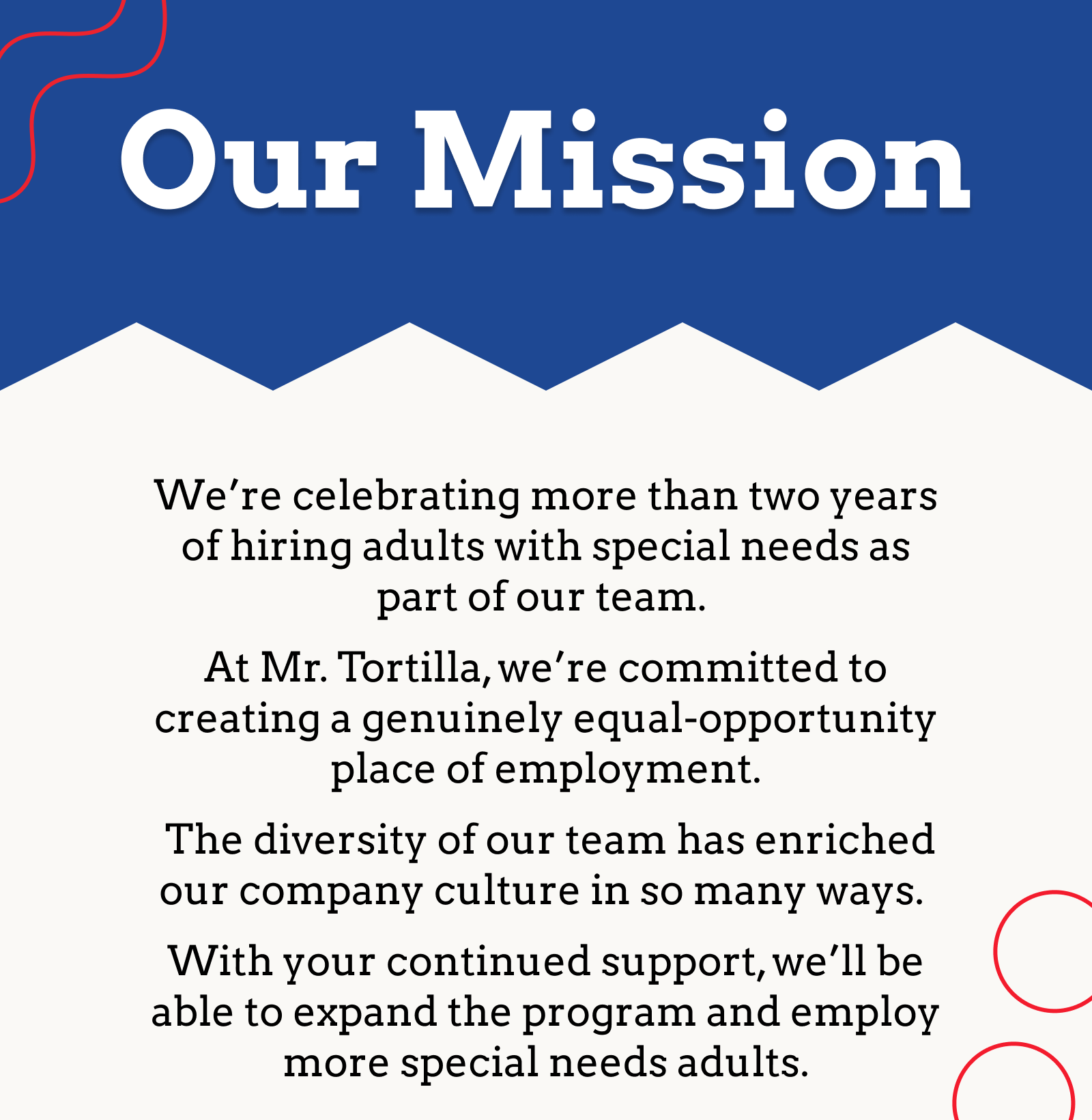 We're celebrating more than two years of hiring adults with special needs as part of our team. At Mr. Tortilla, we're committed to creating a genuinely equal-opportunity place of employment. The diversity of our team has enriched our company culture in so many ways. With your continued support, we'll be able to expand the program and employ more special needs adults.