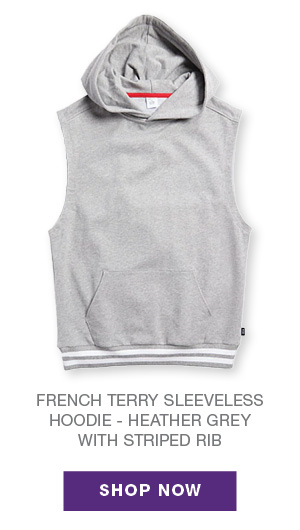 French Terry Sleeveless Hoodie - Heather Grey with Striped Rib