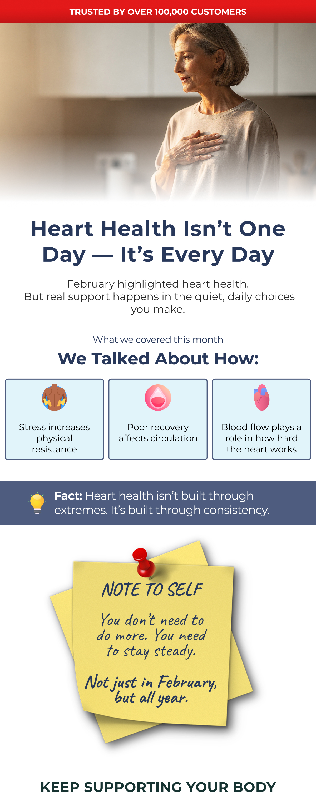 Trusted by over 100,000 customers Heart health isn't one day — it's every day February highlighted heart health.  But real support happens in the quiet, daily choices you make.What we covered this month We talked about how: Stress increases physical resistance Poor recovery affects circulation Blood flow plays a role in how hard the heart works Fact: Heart health isn't built through extremes. It's built through consistency. KEEP SUPPORTING YOUR BODY