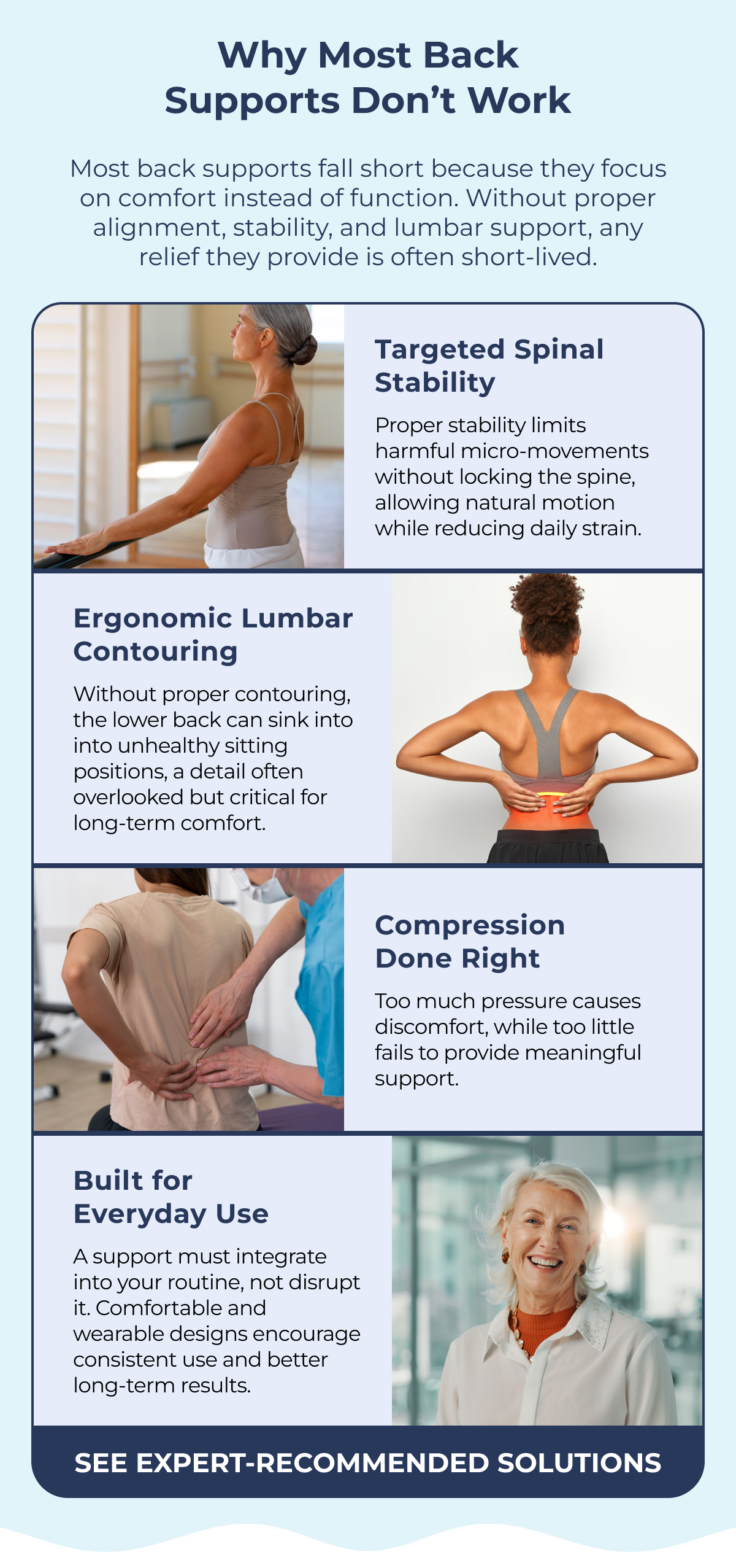 Why Most Back Supports Don't Work Most back supports fall short because they focus on comfort instead of function. Without proper alignment, stability, and lumbar support, any relief they provide is often short-lived. Targeted Spinal Stability Proper stability limits harmful micro-movements without locking the spine, allowing natural motion while reducing daily strain. Ergonomic Lumbar Contouring Without proper contouring, the lower back can sink into into unhealthy sitting positions, a detail often overlooked but critical for long-term comfort. Compression Done Right Too much pressure causes discomfort, while too little fails to provide meaningful support. Built for Everyday Use A support must integrate into your routine, not disrupt it. Comfortable and wearable designs encourage consistent use and better long-term results. See Expert-Recommended Solutions