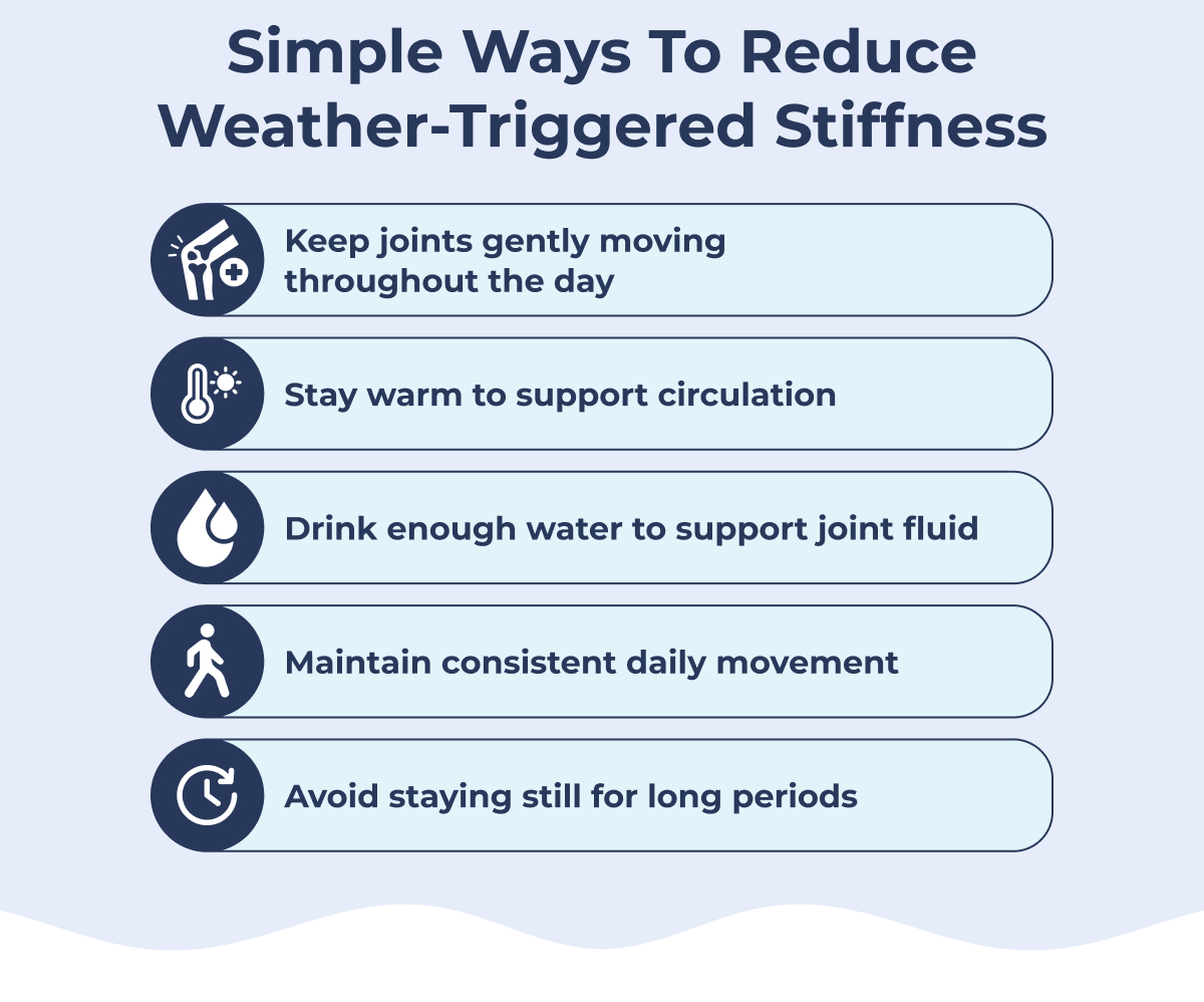 Simple Ways to Reduce Weather-Triggered Stiffness Keep joints gently moving throughout the day Stay warm to support circulation Drink enough water to support joint fluid Maintain consistent daily movement Avoid staying still for long periods