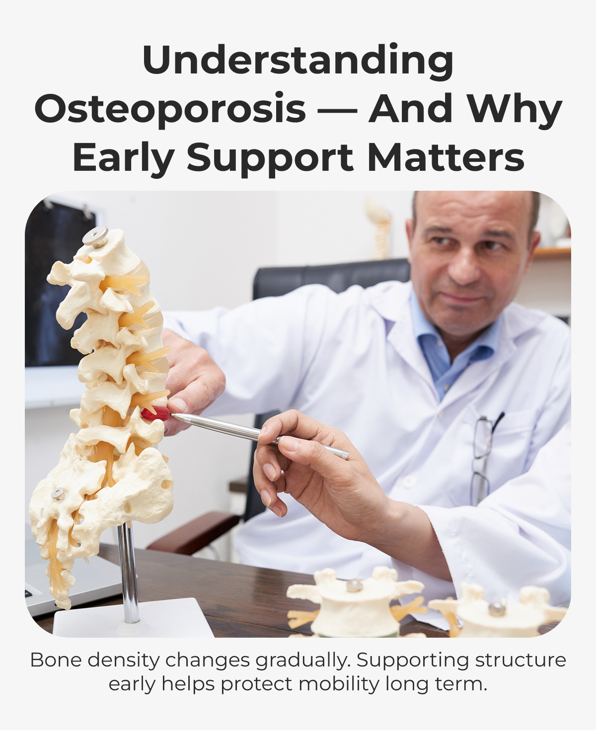 Understanding Osteoporosis — And Why Early Support Matters Bone density changes gradually. Supporting structure early helps protect mobility long term.