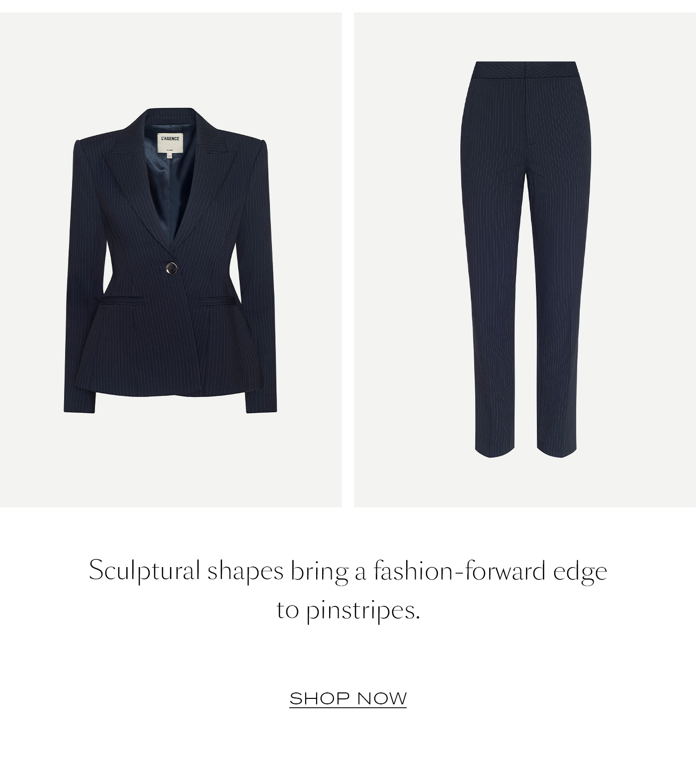 Sculptural shapes bring a fashion-forward edge to pinstripes.&nbsp;  SHOP NOW