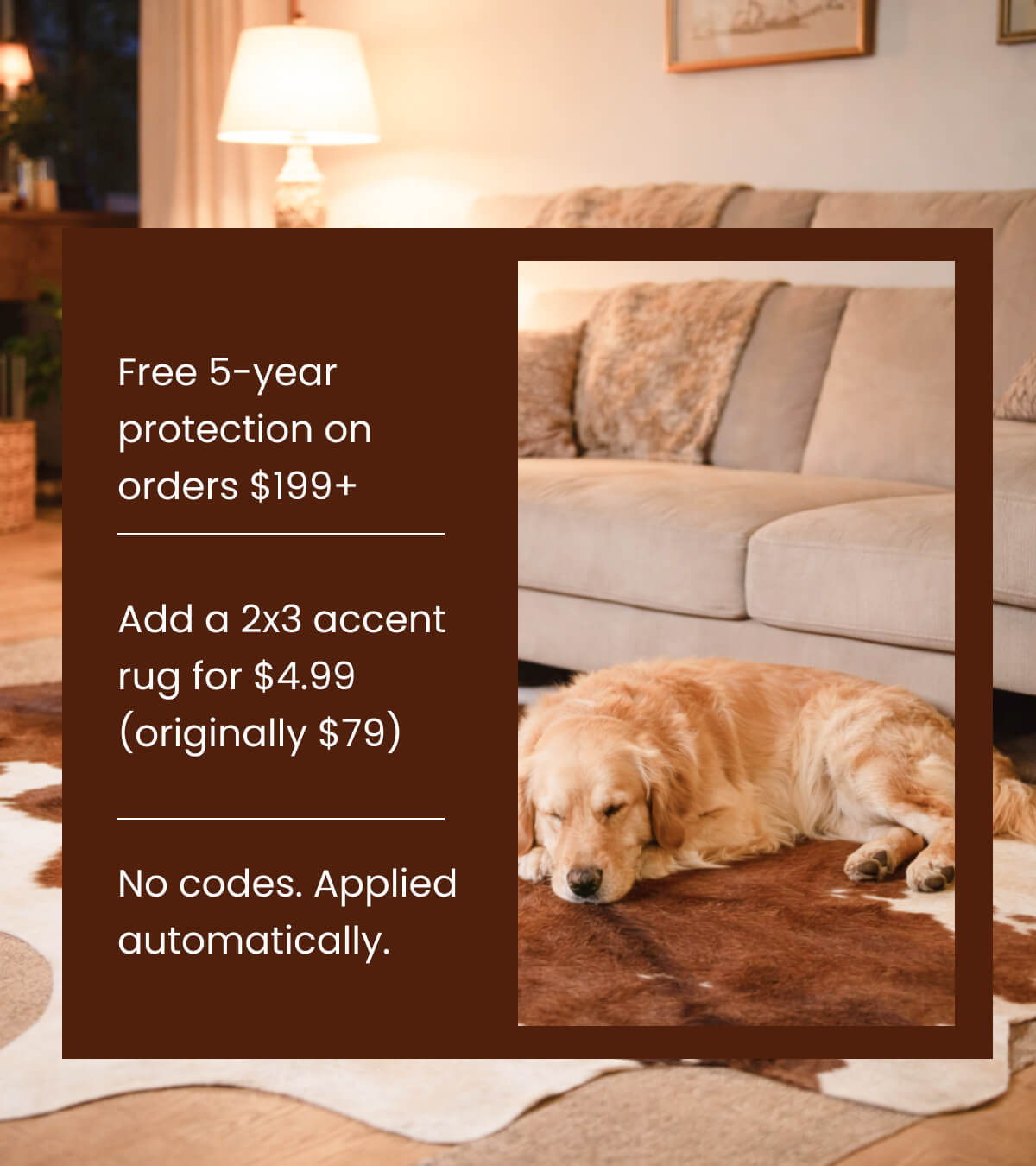 No Charge 5-year protection on orders 199 USD+ Add a 2x3 accent rug for 4.99 USD (originally 79 USD) No codes. Applied automatically.