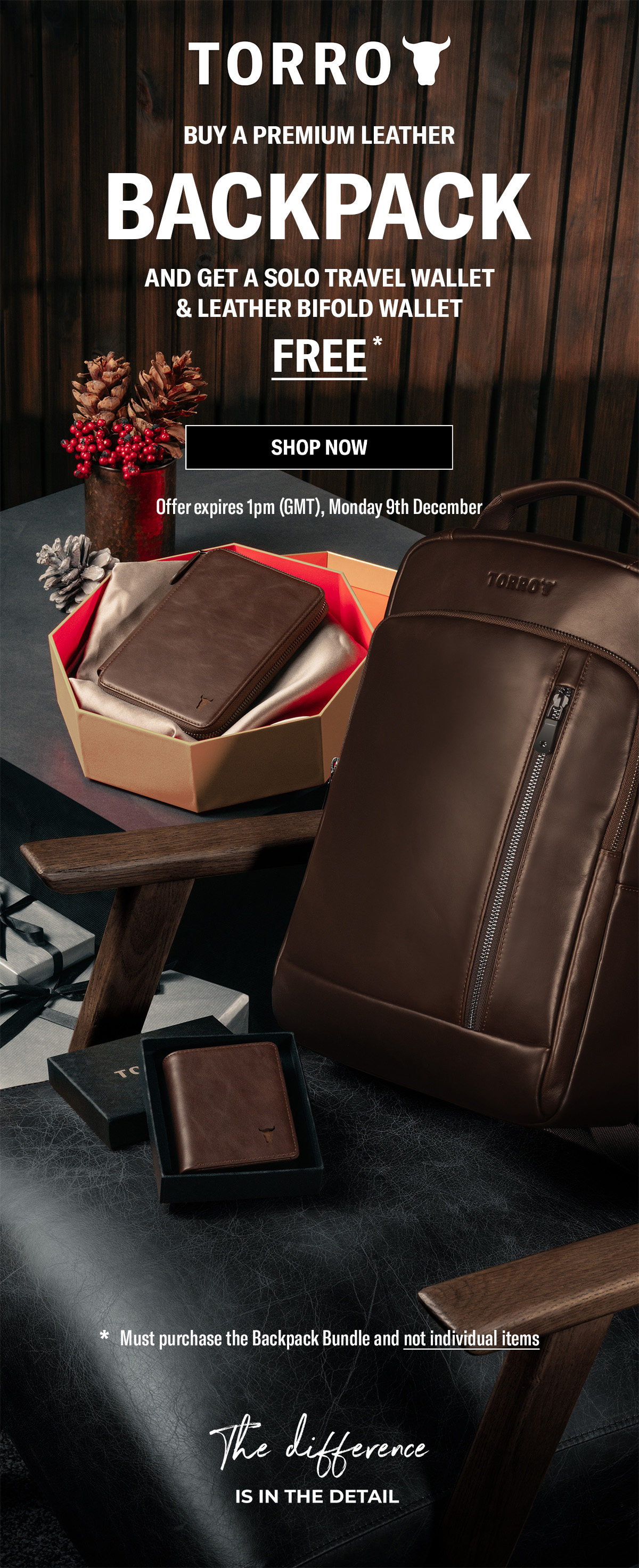 Limited Time Offer - Buy a Premium Leather Backpack and get a FREE Solo Travel Wallet & Bifold Wallet - Expires 1pm (GMT) Monday 9th December