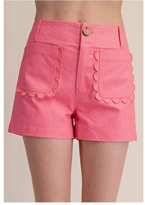 Pink Twill Scallop Pocket Shorts
