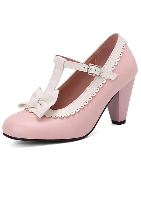 Pink with White Bow T-Strap Heels