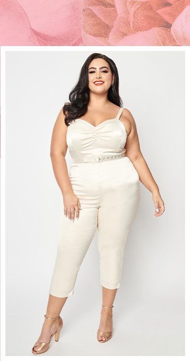 Image of Unique Vintage Plus Size Cream Satin Bridal Marcel Jumpsuit