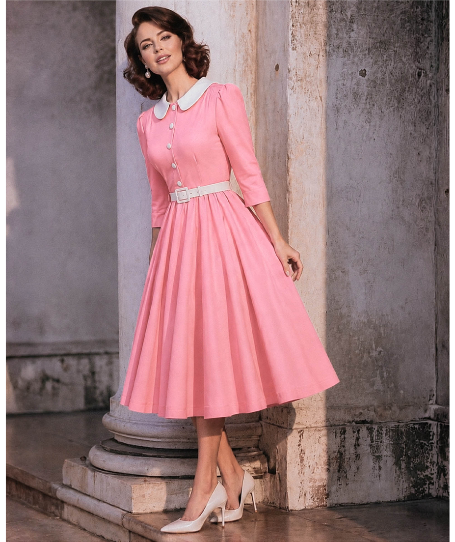 Pink & White Collared Three Quarter Sleeve Swing Dress