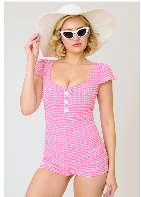 Pinky Pinups Pink Gingham Puff Sleeve Romper Swim Suit