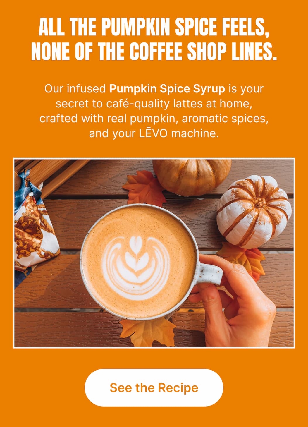 All the pumpkin spice feels, none of the coffee shop lines.  Our infused Pumpkin Spice Syrup is your secret to café-quality lattes at home, crafted with real pumpkin, aromatic spices, and your LĒVO machine.  [See the Recipe]