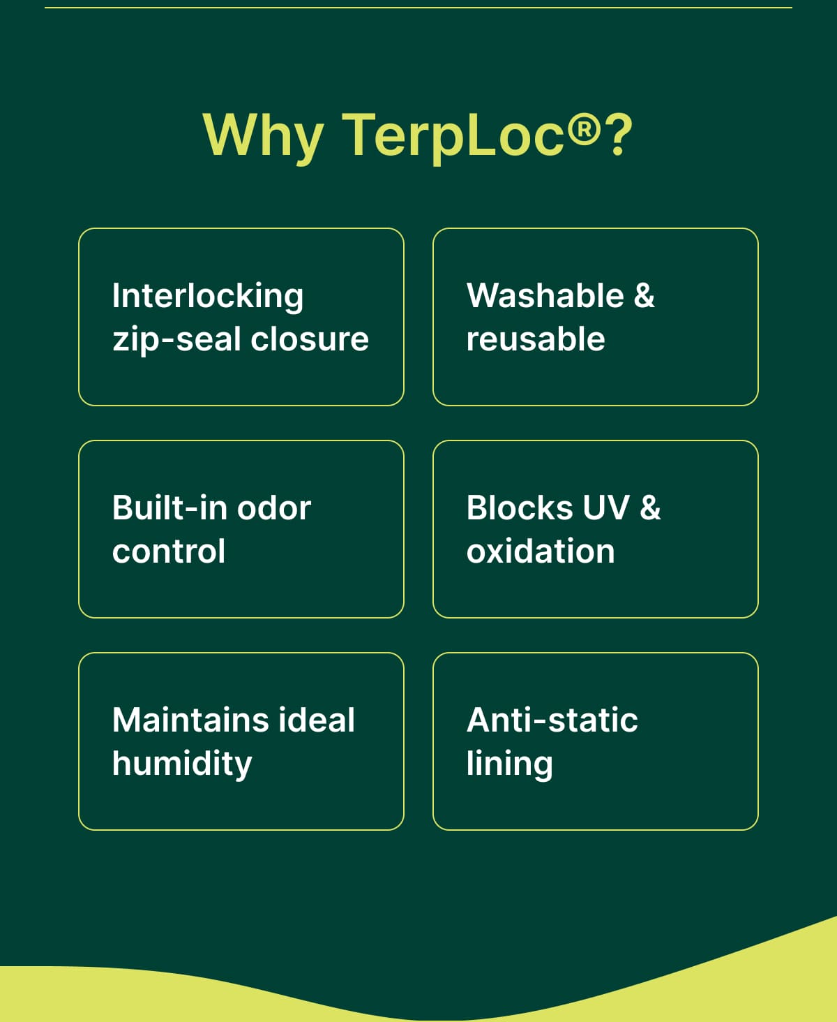 Why TerpLoc®?  Interlocking zip-seal closure  Washable & reusable  Built-in odor control  Blocks UV & oxidation  Maintains ideal humidity  Anti-static lining