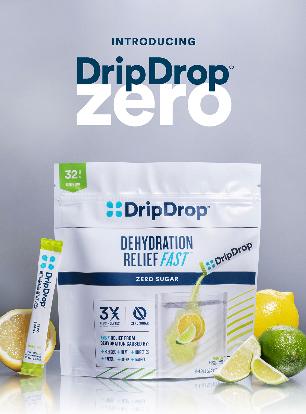 INTRODUCING DripDrop 71 s DripDrop DEHYDRATION RELIEF 457 ZERO SUGAR 005 % P 3% O ELECTROLYTES ZERO SUGAR FAST RELIEF FROM DEHYDRATION CAUSED BY: - EIEROISE HEAT - DIURETICS HTRAVEL SLEEP - NAUSEA 