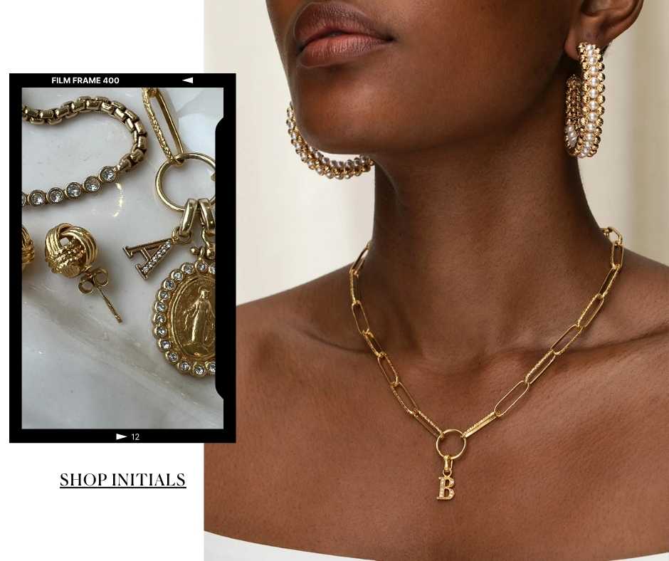 an image of a woman wearing a necklace and earrings with a gold chain