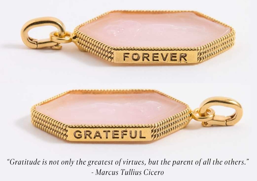 Forever Grateful etched on two charms