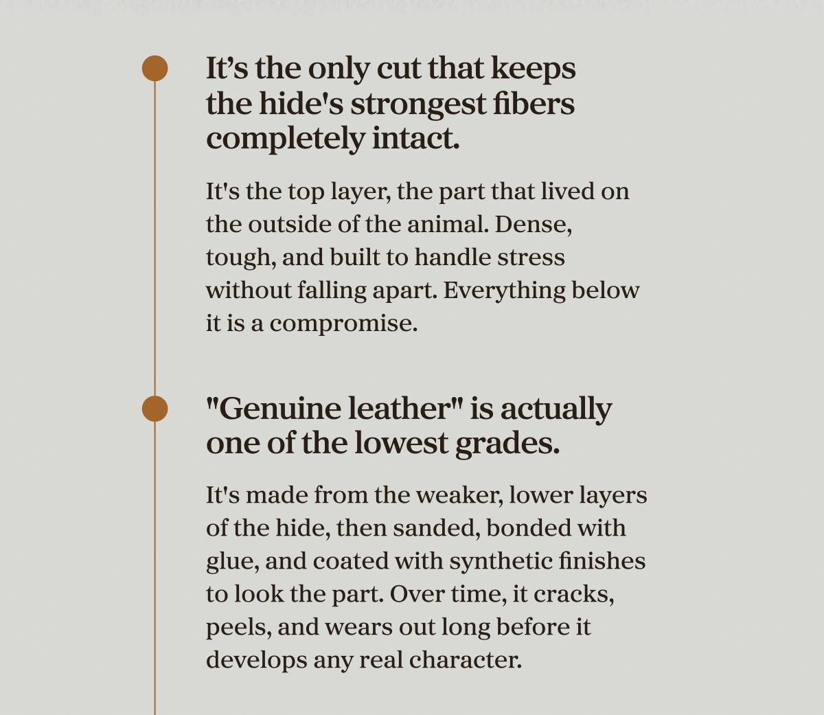 It’s the only cut that keeps the hide's strongest fibers completely intact. It's the top layer, the part that lived on the outside of the animal. Dense, tough, and built to handle stress without falling apart. Everything below it is a compromise.  "Genuine leather" is actually one of the lowest grades. It's made from the weaker, lower layers of the hide, then sanded, bonded with glue, and coated with synthetic finishes to look the part. Over time, it cracks, peels, and wears out long before it develops any real character.