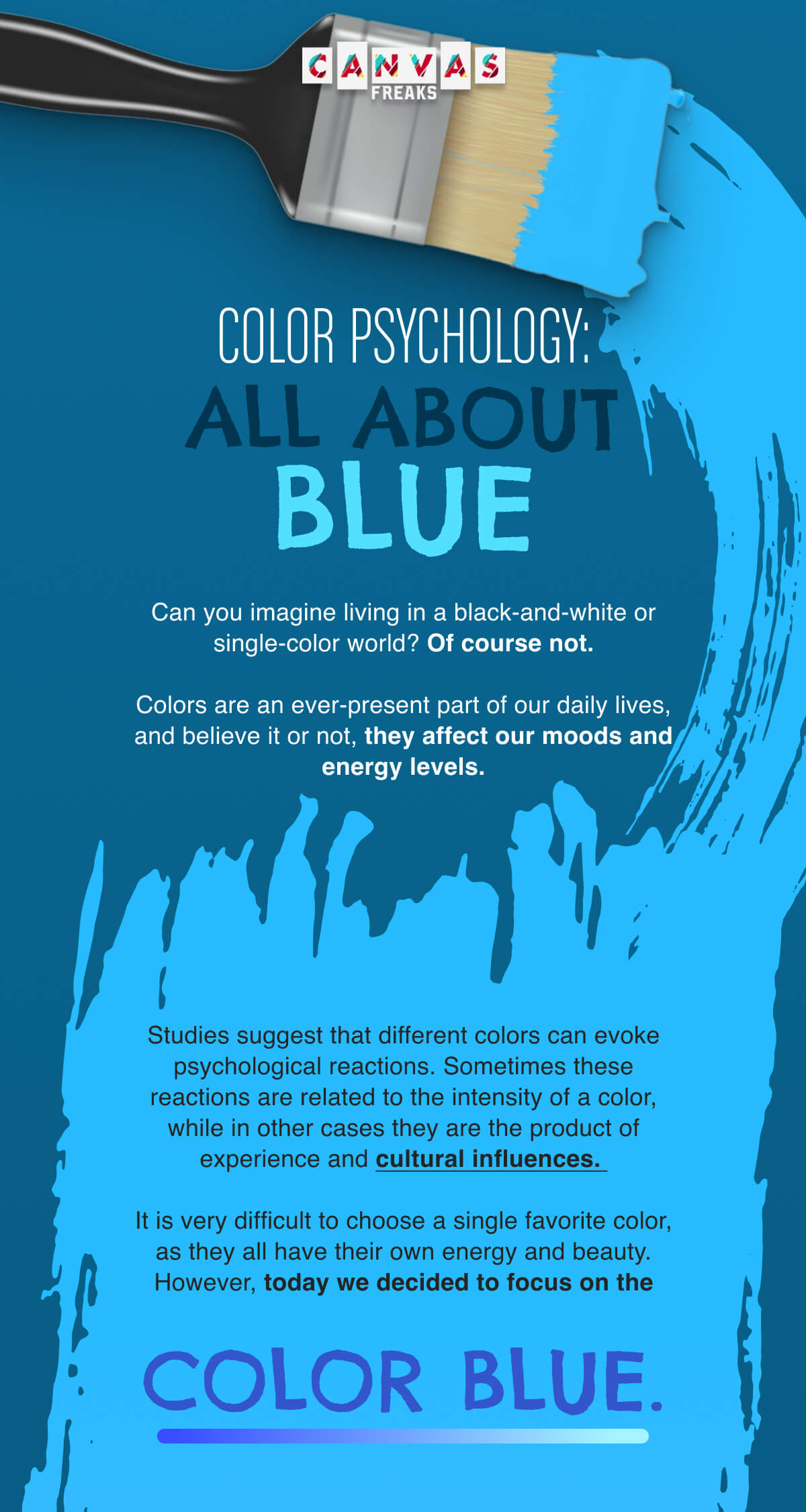 Color Psychology: All about blue! Can you imagine living in a black-and-white or single-color world? Of course not. Colors are an ever-present part of our daily lives, and believe it or not, they affect our moods and energy levels.  Studies suggest that different colors can evoke psychological reactions. Sometimes these reactions are related to the intensity of a color, while in other cases they are the product of experience and cultural influences. It is very difficult to choose a single favorite color, as they all have their own energy and beauty. However, today we decided to focus on the color blue. 
