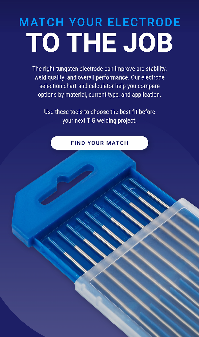 Match Your Electrode to the Job: The right tungsten electrode can improve arc stability, weld quality, and overall performance. Our electrode selection chart and calculator help you compare options by material, current type, and application. Use these tools to choose the best fit before your next TIG welding project. - FIND YOUR MATCH
