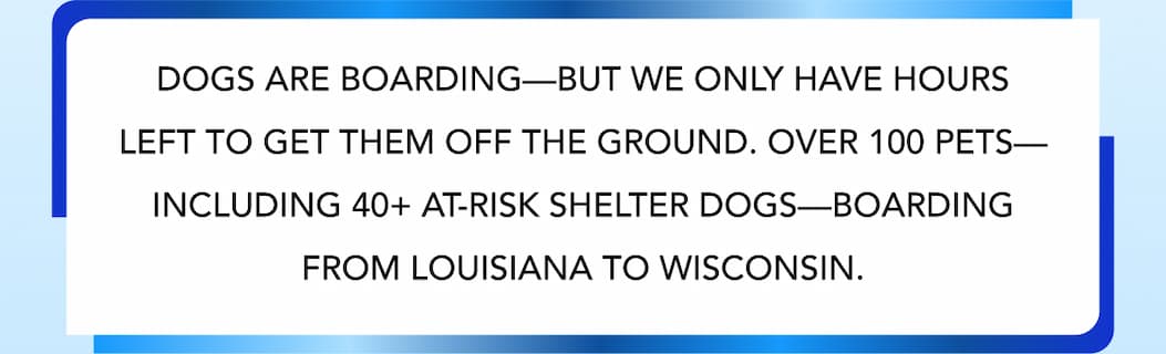 DOGS ARE BOARDING—BUT WE ONLY HAVE HOURS LEFT TO GET THEM OFF THE GROUND. OVER 100 PETS—INCLUDING 40+ AT-RISK SHELTER DOGS—BOARDING FROM LOUISIANA TO WISCONSIN.