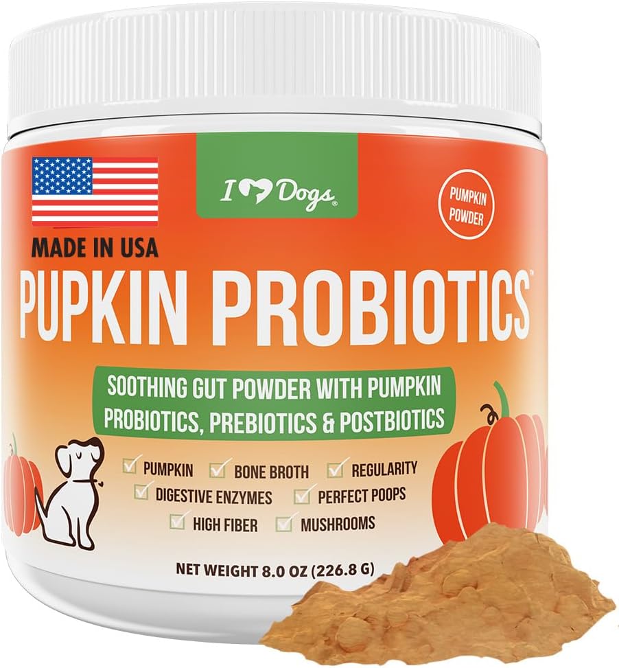 iHeartDogs Pupkin Probiotics, Prebiotics, Postbiotics, & Fiber for Dogs with Pumpkin, Gut Soothing Bone Broth & Mushrooms