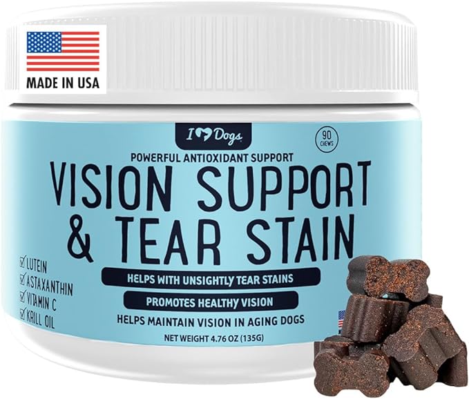 iHeartDogs Vision & Tear Stain Chews for Dogs - Dog Eye Care Supplement for Eye Moisture + Vision & Immune Support with Krill Oil, Lutein, Astaxanthin, Cranberry, Apple Cider Vinegar & Vitamin C