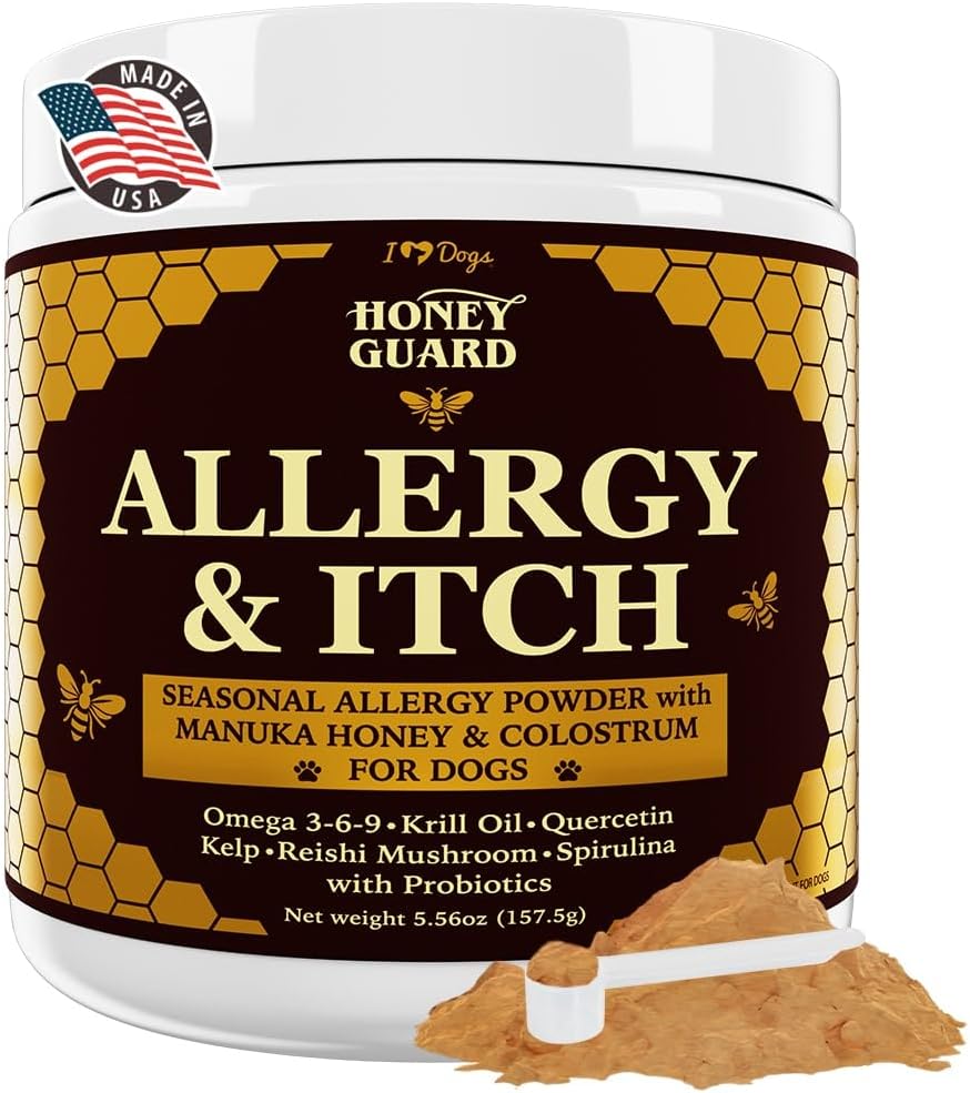 Allergy & Itch Omega-3-6-9 Powder for Dogs Extra Strength with Manuka Honey, Quercetin, Colostrum, Kelp, Krill Oil & Probiotics