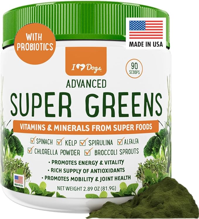 iHeartDogs Super Greens for Dogs with Broccoli Sprouts & Spirulina Powder - Seasonal Allergy & Immune Support Dog Greens Powder - Vitamins, Antioxidants & Minerals Supplement for Dogs