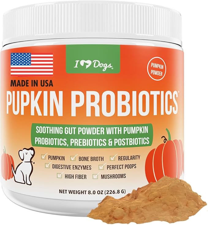iHeartDogs Pupkin Probiotics, Prebiotics, Postbiotics, & Fiber for Dogs with Pumpkin, Gut Soothing Bone Broth & Mushrooms