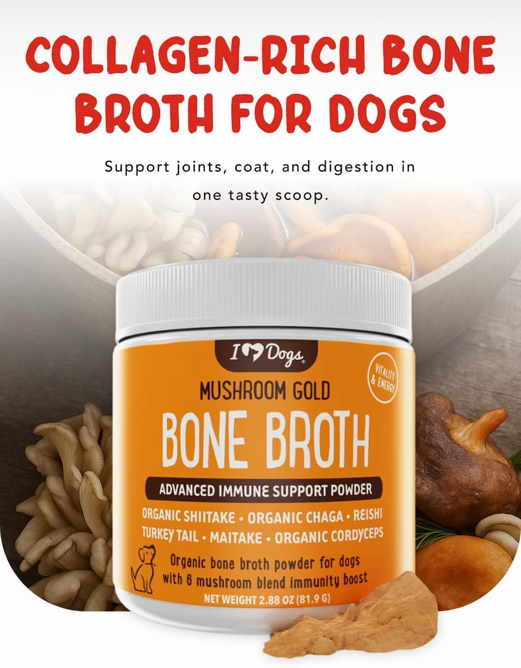 Collagen-Rich Bone Broth for Dogs - Support joints, coat, and digestion in one tasty scoop.