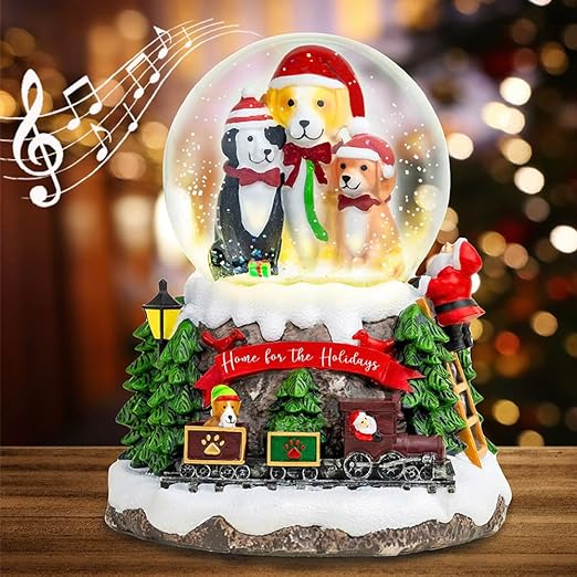 iHeartDogs Christmas Snow Globe - Home for The Holidays Christmas Musical, Water Glittering - Plays 8 Traditional Holiday Songs Including Jingle Bells & Lights Up