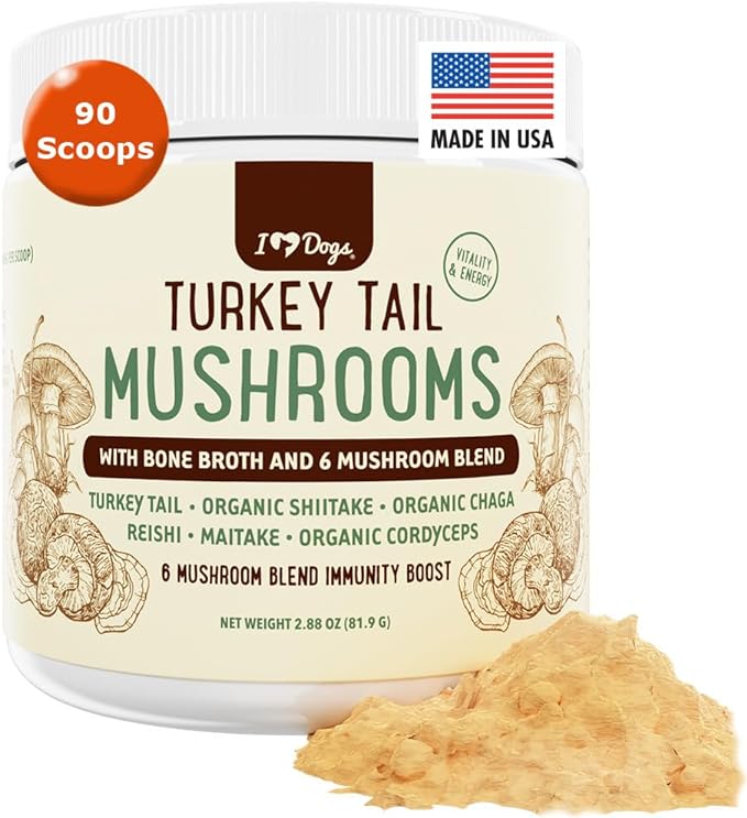 iHeartDogs Turkey Tail Mushroom for Dogs with Bone Broth and 6 Mushroom Blend Powder - Mushroom Supplement for Dogs