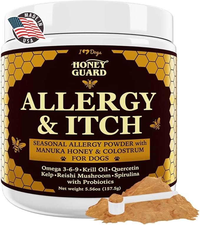 Allergy & Itch Omega-3-6-9 Powder for Dogs Extra Strength with Manuka Honey, Quercetin, Colostrum, Kelp, Krill Oil & Probiotics