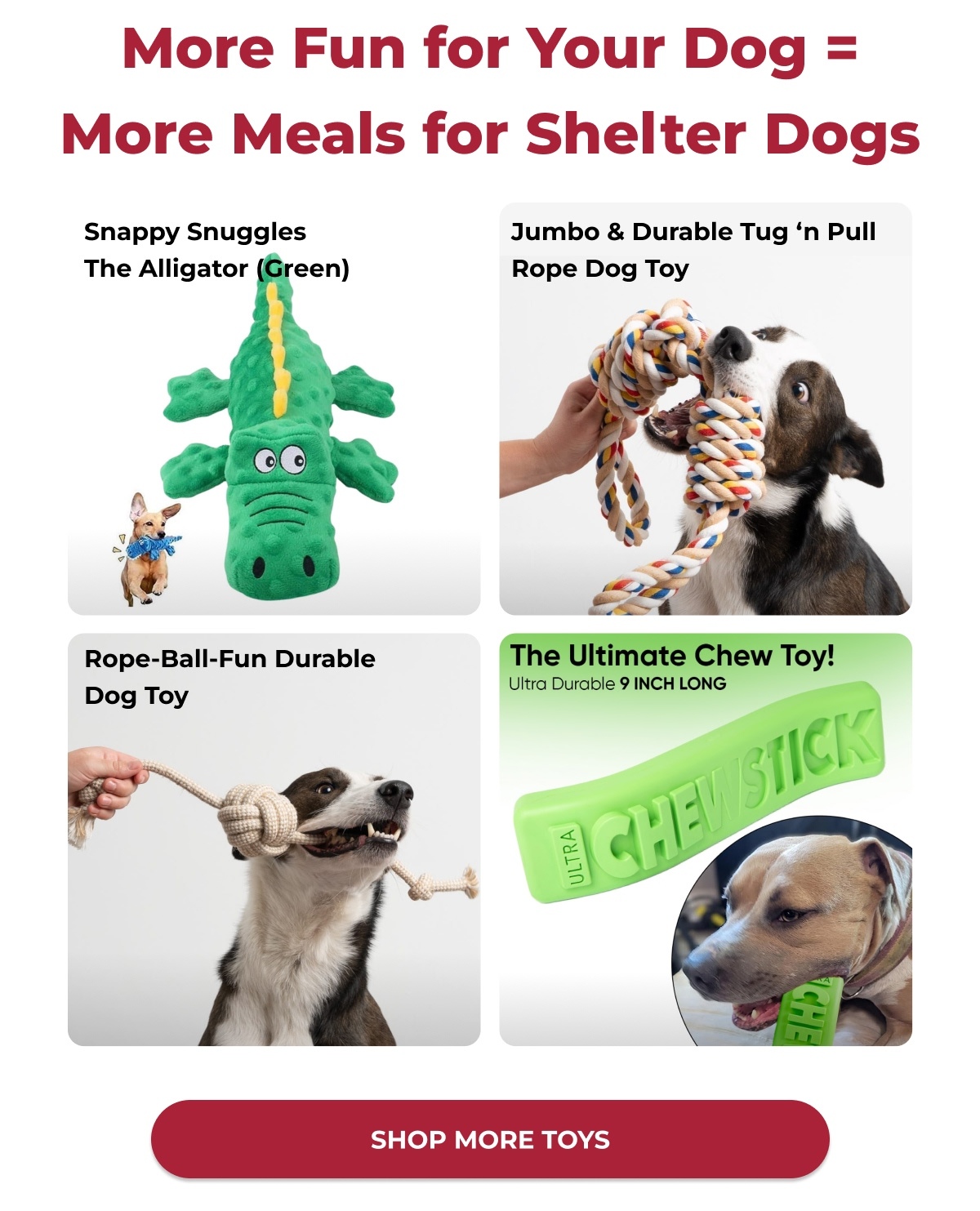 More Fun for You Dog = More Meals for Shelter Dogs - Snappy Snuggles The Alligator (Green - Jumbo & Durable Tug 'n Pull Rope Dog Toy - Rope-Ball-Fun-Durable Dog Toy - The Ultimate Chew Toy! Ultra Durable 9 INCH LONG - SHOP MORE TOYS
