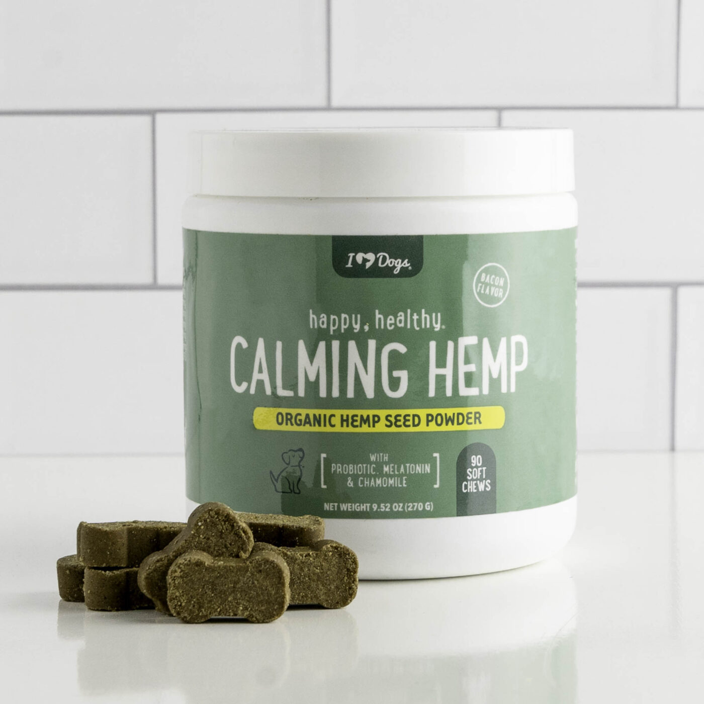 iHeartDogs 9-in-1 Calming Chews for Dogs with Hemp, Melatonin, Chamomile, Passion Flower, Valerian Root & Probiotic